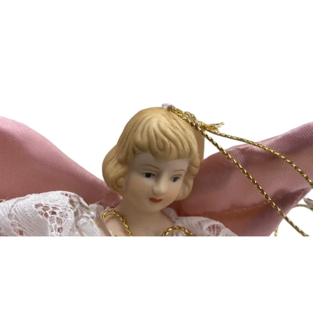 Vtg Lighted Mini Angel Tree Topper Christmas Pink Satin Dress Lace Trim 5” Plug‎